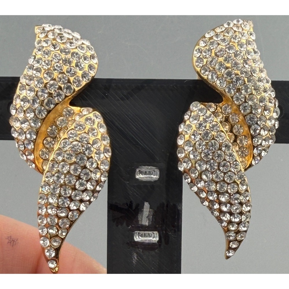 Vintage Jarin Earrings Swirl Wave Rhinestone Large Gold Tone Clip 2"
